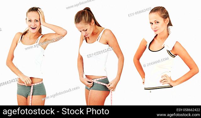 Waist measurement concept, sporty woman with measure tape, weight loss dieting, isolated on white background