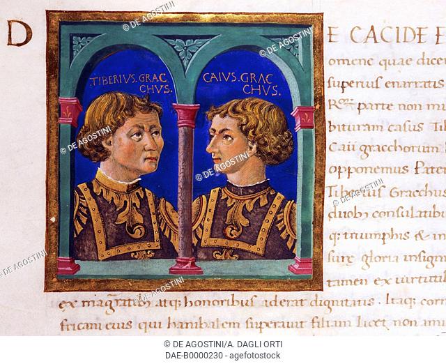 Illuminated page with the brothers Tiberius and Gaius Gracchus, Volume II, left 2, f 127 r, Vitae virorum illustrium, by Plutarch (ca 46-127), manuscript