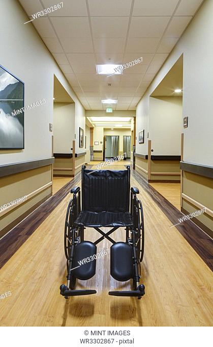 Empty wheelchair in assisted living facility