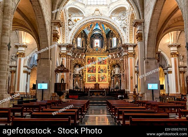 Valencia, Spain: 3 March, 2021: interior view of the cathedral in Valencia showing the altar and nave