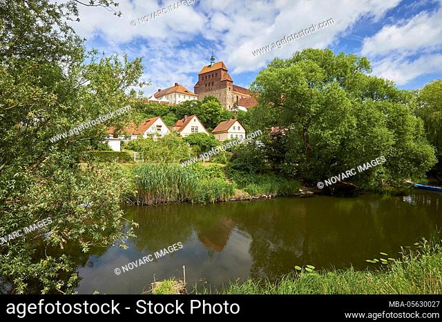 View over Havel side canal to Domberg with cathedral and former Premonstratenserstift St. Marien, Havelberg, Saxony Anhalt, Germany