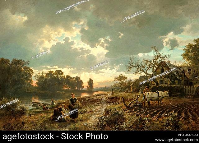 Gude Hans Fredrik - German Landscape in Spring with Oxen Ploughing - Norwegian School - 19th Century