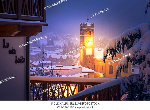 Ponte di Legno after a snowfall at dask, Lombardy district, Brescia province, Italy