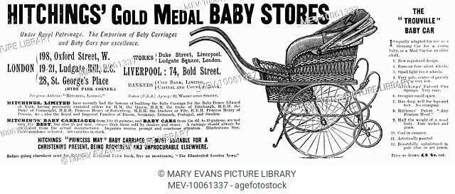 A typical late Victorian pram, known as the Trouville Baby Car, available at Hitchings' Gold Medal Baby Stores, London and Liverpool
