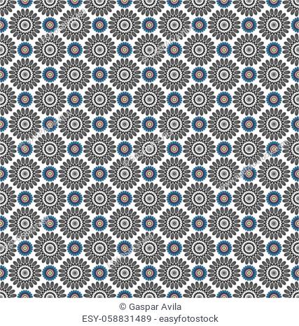 Geometric pattern of digital daisies, which also resemble cog wheels