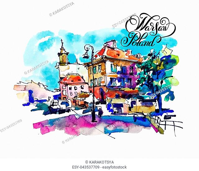 watercolor sketching old town historical buildings Warsaw capital city of Poland cityscape for travel book illustration, greeting card, poster and art print