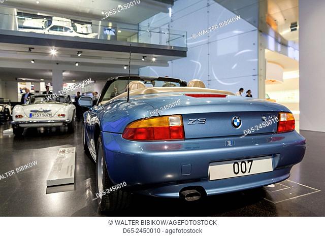 Germany, Bavaria, Munich, BMW Museum, display of BMW Z3 used in James Bond film