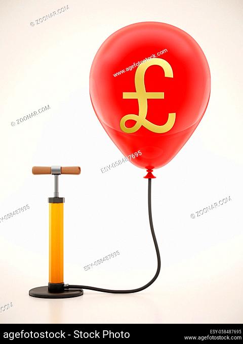 Manual hand pump connected to the inflated red balloon with Pound icon. 3D illustration
