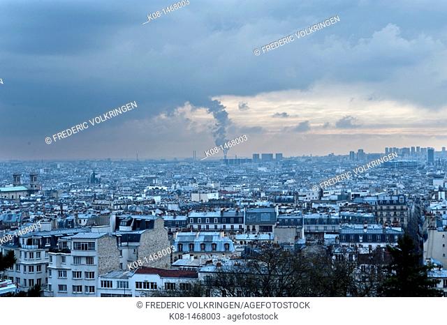 Rooftop view of Paris with pollution, France