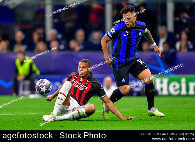 Milano, Italy. 16th, May 2023. Lautaro Martinez (10) of Inter and Malick Thiaw (28) of AC Milan seen during the UEFA Champions League match between Inter and AC...