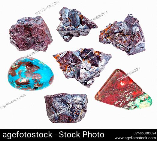 set of various Cuprite rocks isolated on white background