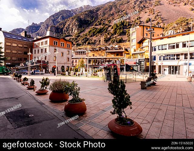 Andorra la Vella, Andorra, February 2018 Typical or traditional streets of Andorra la Vella. Renowned duty free shopping and ski destination