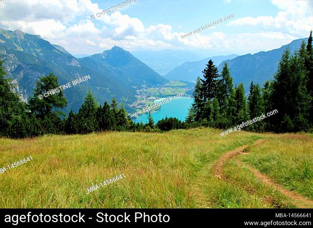 View of Achensee, during hike to Seebergspitze, alpine panorama, Tyrol, Austria