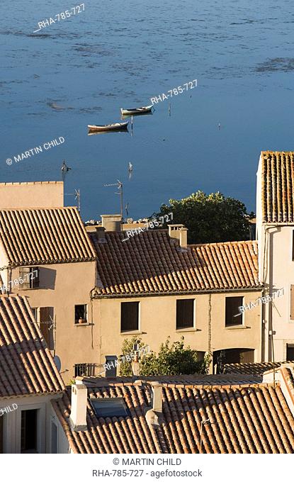 Fishing boats, Etang de L'Ayrolle, view of rooftops from Barbarossa tower, Gruissan, Golfe du Lion, Aude, Languedoc-Roussillon, France, Europe