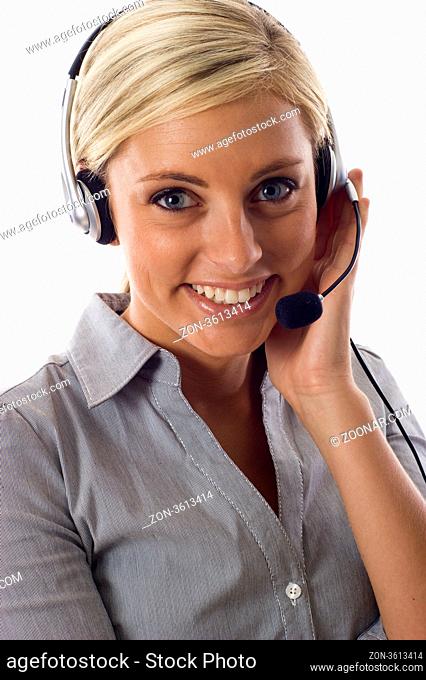 Beautiful business customer service woman isolated over a white background