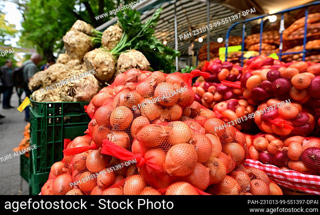 13 October 2023, Thuringia, Weimar: Onions and celery lie for sale at a market stall at the 370th Weimar Onion Market. Around 400 traders and exhibitors open...