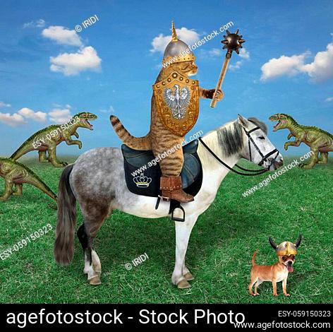 The beige cat warrior in knight armor on a gray horse is hunting for dinosaurs in a field. His dog is in a horned viking helmet
