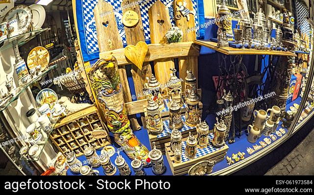 Typical Beer Mugs, Souvenirs Showcase, Souvenirs Shop, Munich, Bavaria, Germany, Europe