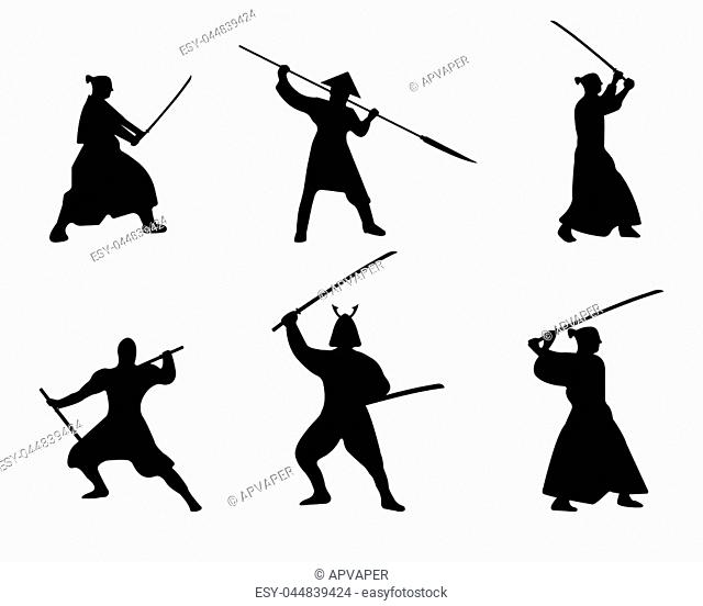 The Set of Samurai Warriors Silhouette on white background. Isolated Vector illustration