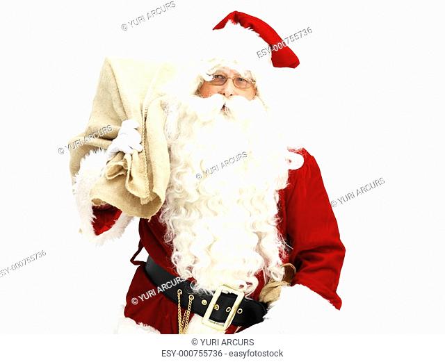 Closeup portrait of Santa Claus with gift bag standing isolated on white background
