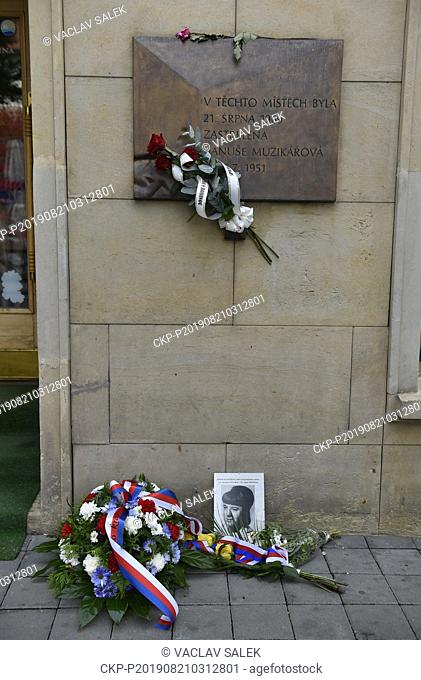South Moravia Region Governor Bohumil Simek (not on the photo) lays a wreath to commemorative plaque for Danuse Muzikarova (corner of Moravske namesti square...