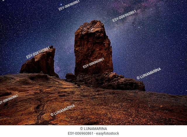 Gran canaria roque nublo in night stars light photo mount