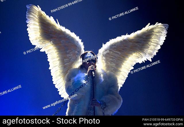17 May 2021, Netherlands, Rotterdam: The singer Tix (Norway) performs em song ""Fallen Angel"" during the second dress rehearsal of the first semi-final of the...