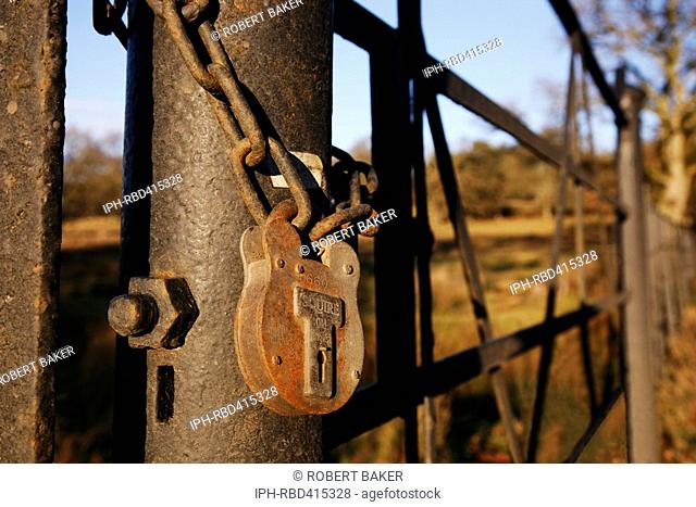 Chained farm gate on Lydlinch Common in Blackmoor Vale near Sturminster Newton