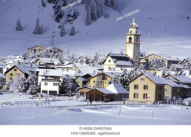 Grisons, Graubunden, Celerina, Engadine, mountains, Upper Engadine, snow, Switzerland, Europe, Alps, village, winter