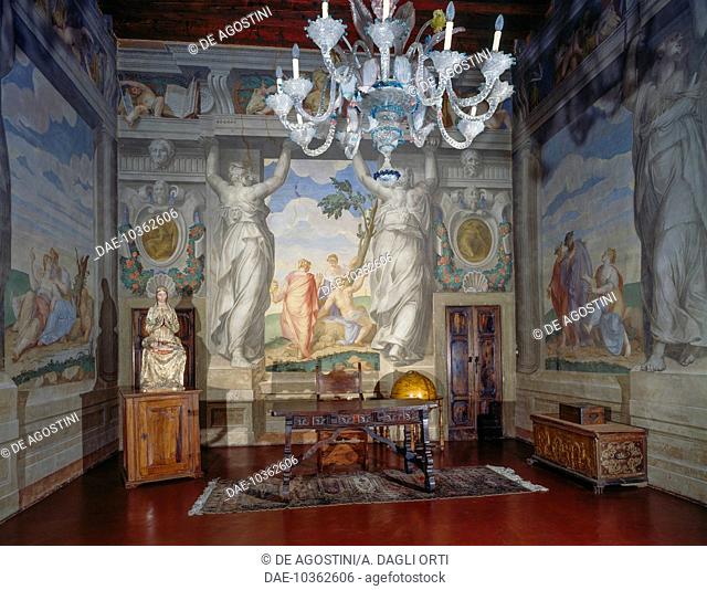 Caryatids, Muses and poets, putti, frescoes by Battista del Moro (1514-1574), Room of muses and poets, Villa Godi Malinverni (UNESCO World Heritage Site, 1994)