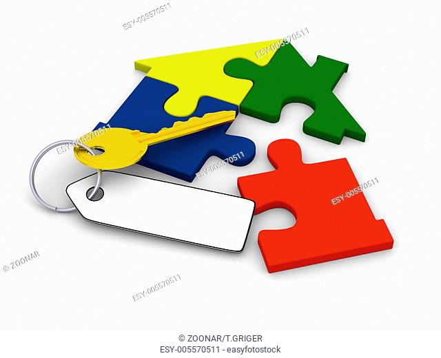 House symbol made of four colorful puzzle pieces and golden key