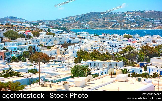 Panoramic view of Mykonos (Chora) town in Mykonos island, Greece