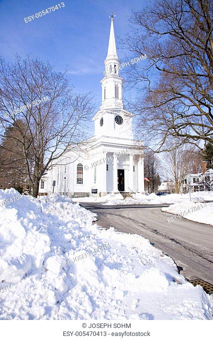 Unitarian Universalist Church surrounded by snow in Lexington, Ma., New England, USA