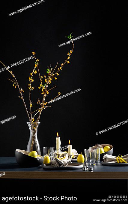 close up of easter table serving over black