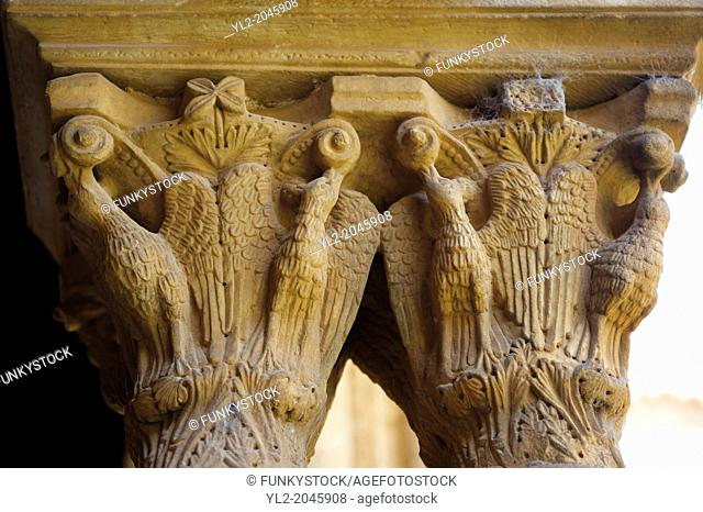 Decorated medieval historicated column capitals in the clositers of Monreale Cathedral - Palermo - Sicily