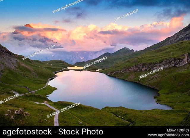 Aerial view of the Bachalpsee lake during a summer sunset. Grindelwald, Canton of Bern, Switzerland, Europe
