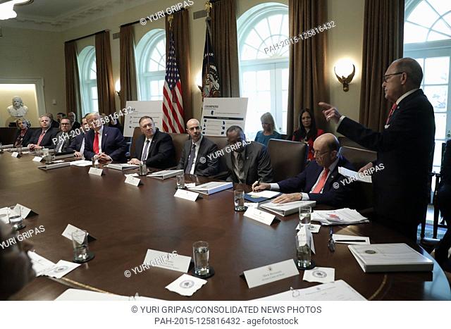 Director of the National Economic Council Larry Kudlow talks to United States President Donald J. Trump during a Cabinet Meeting at the White House in...