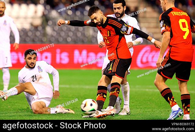 Belgium's Yannick Carrasco fights for the ball during a game between the Belgian national soccer team Red Devils and Azerbaijan, in Brussels
