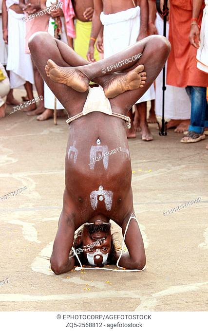 Sadhu performing yogic pose. Kumbh Mela, Nasik, Maharashtra, India