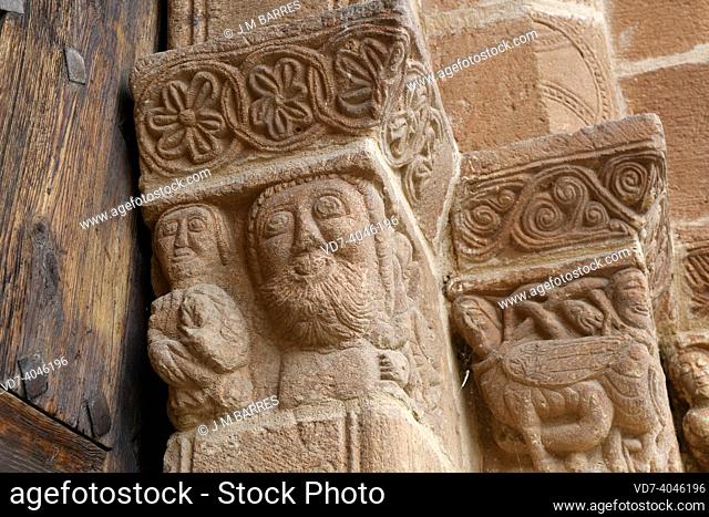 Fuensaúco, Nuestra Señora de los Ã. ngeles church (romanesque 13th century). Portal, capitals and columns. Soria, Castilla y León, Spain