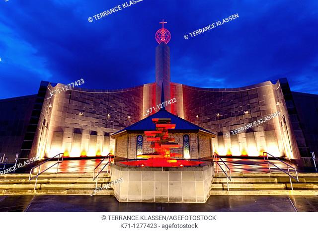 The shrine of the Holy Spirit illuminated at night in Branson, Missouri, USA