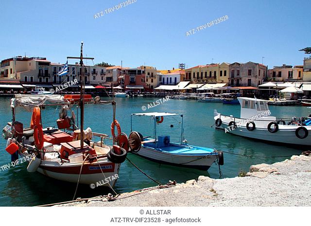 HARBOUR BUILDINGS & FISHING BOATS; RETHYMNON, CRETE, GREECE; 02/05/2014