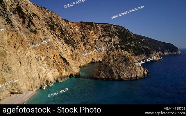 greece, greek islands, ionian islands, lefkada or lefkas, beach, porto katsiki, picturesque beach on steep coast, view of a small stretch of beach