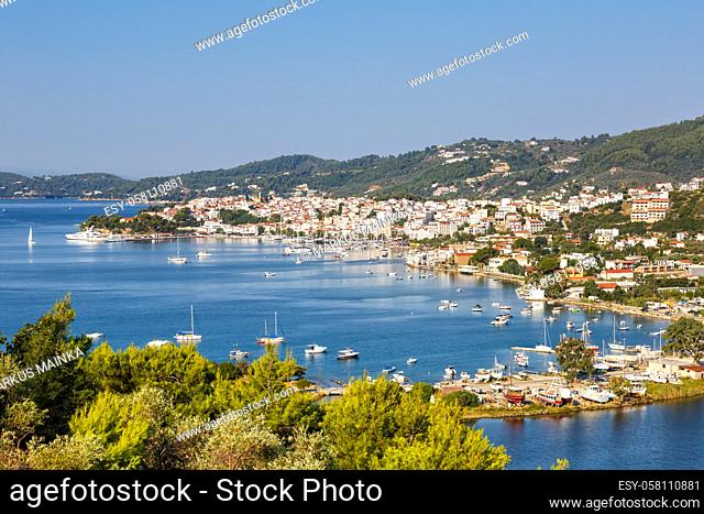 Skiathos island Greece port harbor city overview town landscape Mediterranean Sea travel traveling
