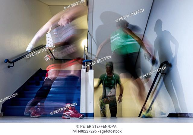 Contestants running in a stairwell in Hanover, Germany, 18 February 2017. The contestants have to run up and down the stairs of a thirteen storey building in...