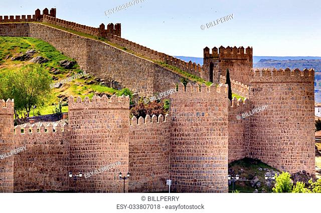 Avila Ancient Medieval City Walls Castle Castile Spain. Avila is described as the most 16th century town in Spain. Walls created in 1088 after Christians...