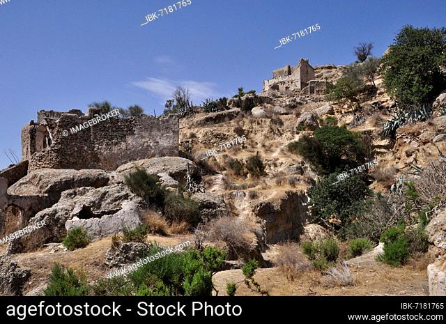 Abandoned village of El Marchalico Viñicas, Ruins on the hillside, Lost Place, Paraje Natural Karst en Yesos de Sorbas, Herreria, Sorbas, Almeria, Andalucia