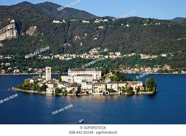 High angle view of a town on an island, San Giulio Island, Lake Orta, Piedmont, Italy