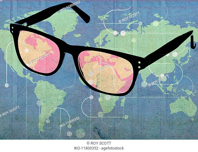 Large pair of glasses focusing on connections around the world