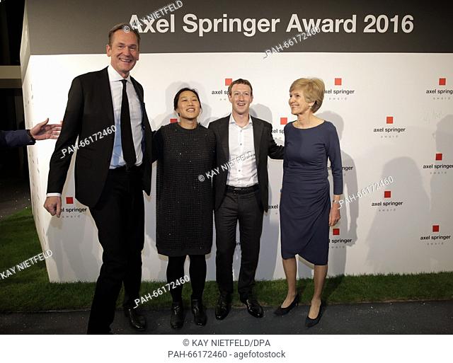 Mathias Doepfner, chairman of the Axel Springer SE (l-r), Priscilla and Mark Zuckerberg and publisher Friede Springer at the ceremony of the new Innovation...